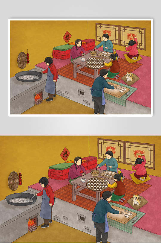 中国风包饺子年俗插画素材