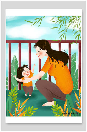 水彩风绿色植物卡通人物母亲节插画素材