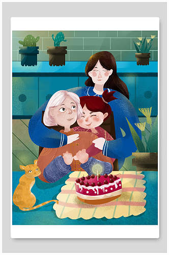 蓝色蛋糕母亲节插画素材