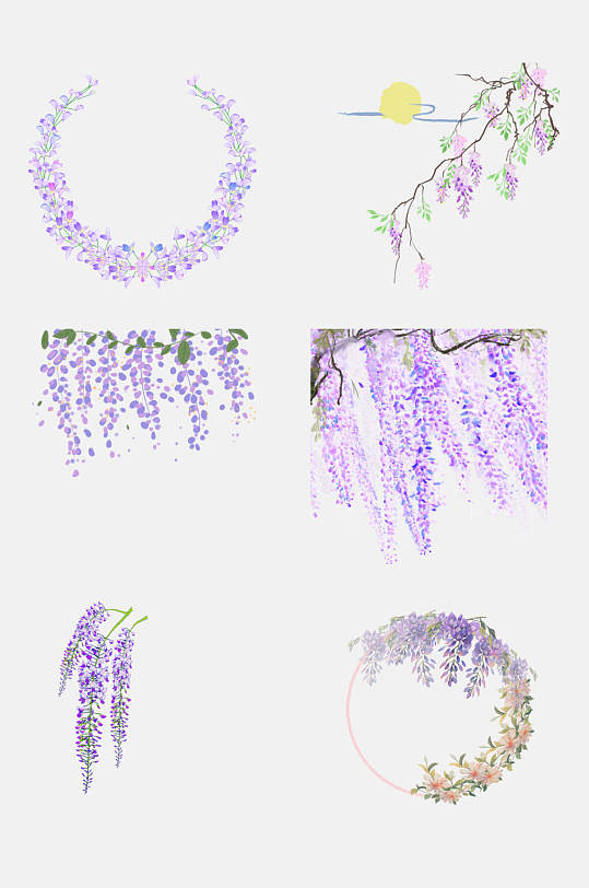 水彩紫藤萝花卉花环设计元素