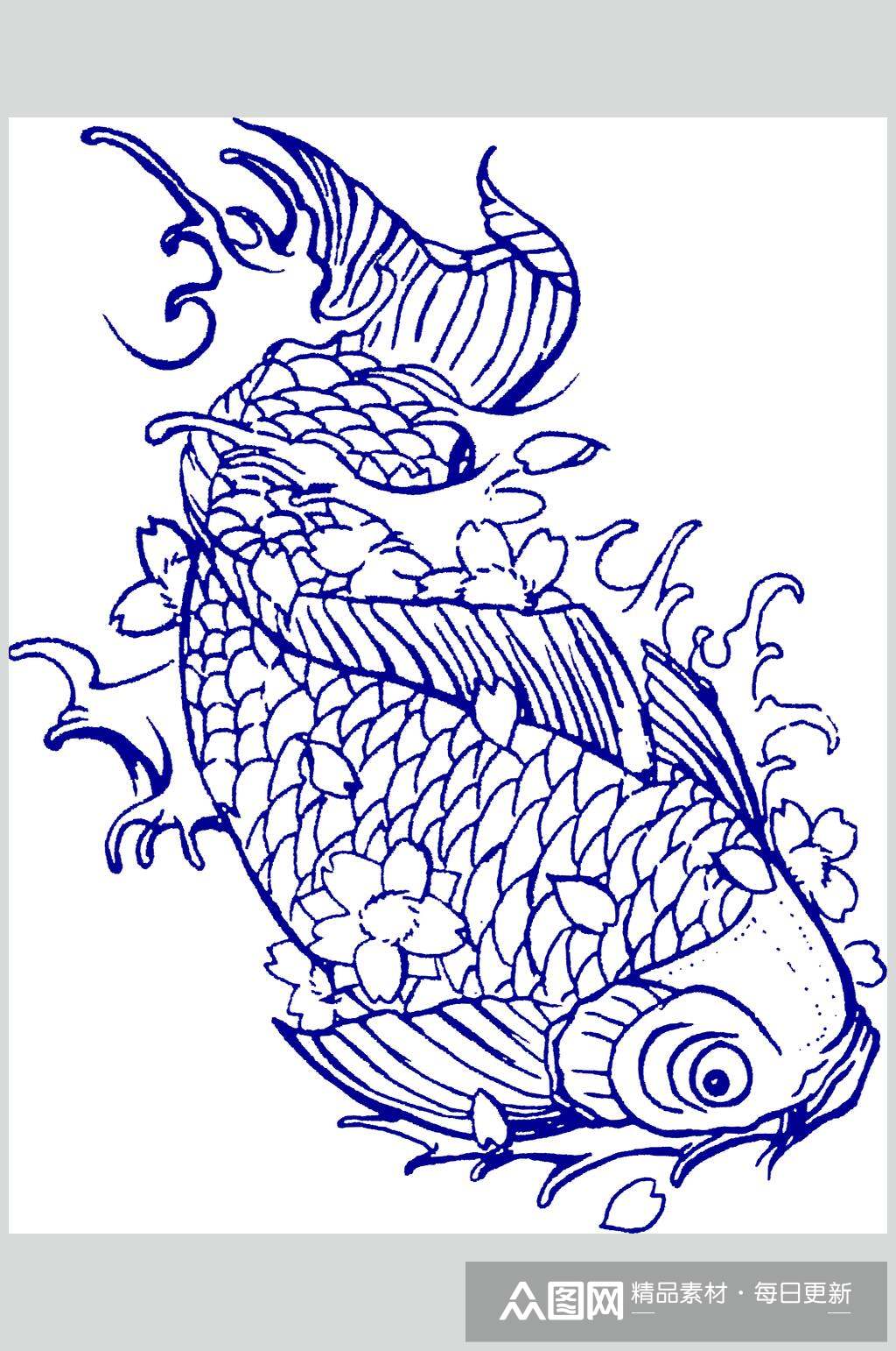 蓝色线描素描勾线锦鲤鱼元素素材