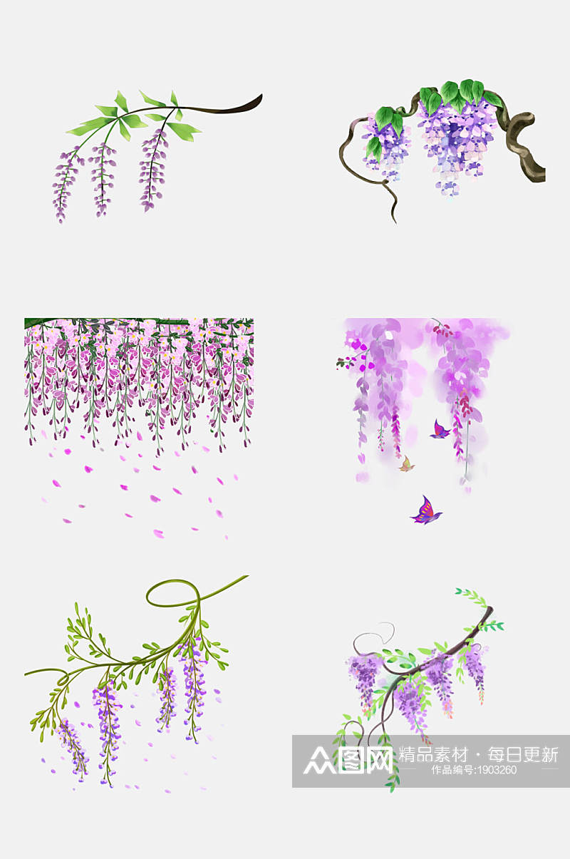 清新水彩紫藤萝花卉花海设计元素素材