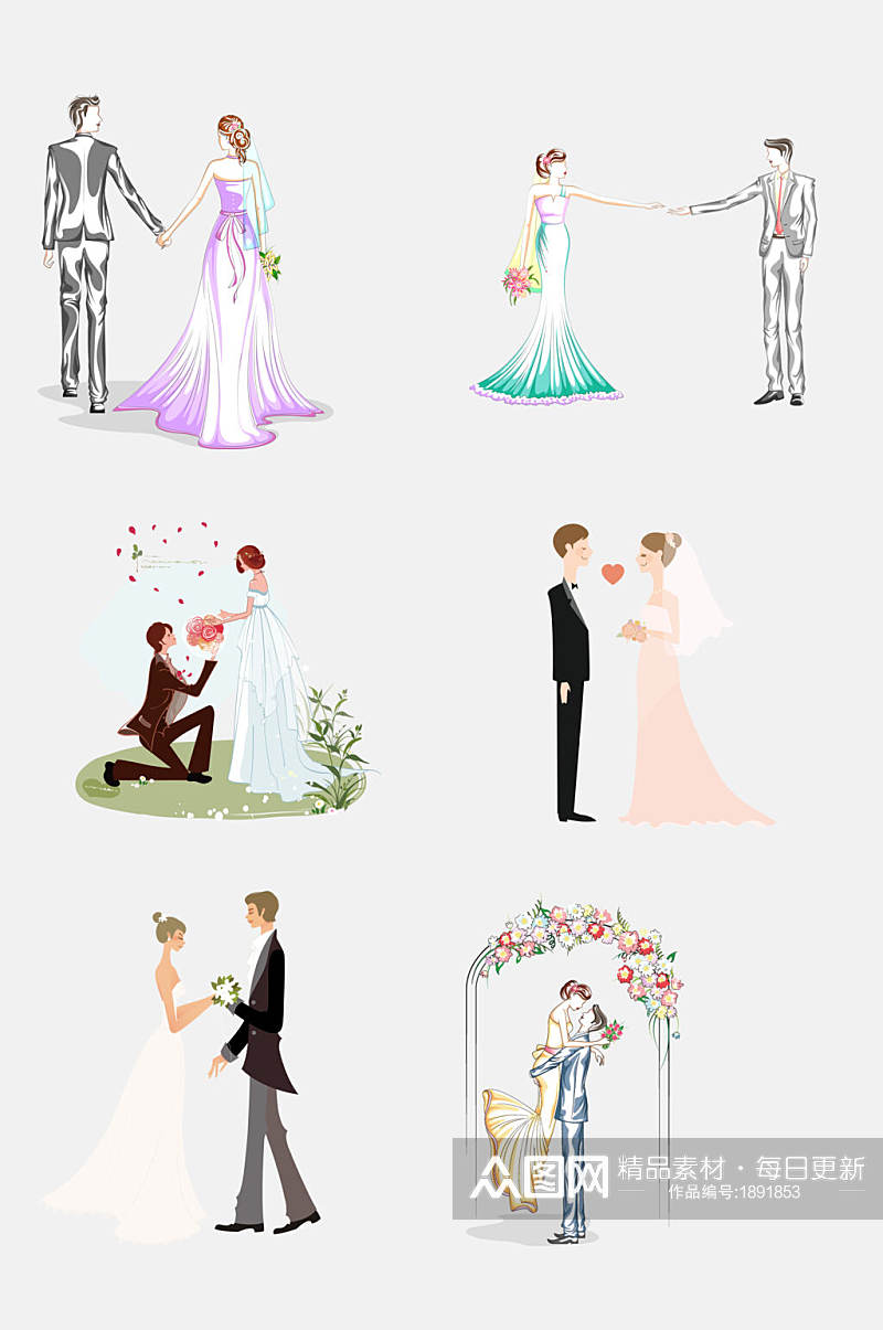 浪漫求婚婚纱婚礼卡通人物设计元素素材