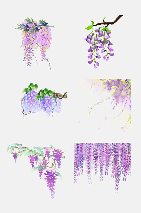 清新渐变水彩紫藤萝花卉设计元素