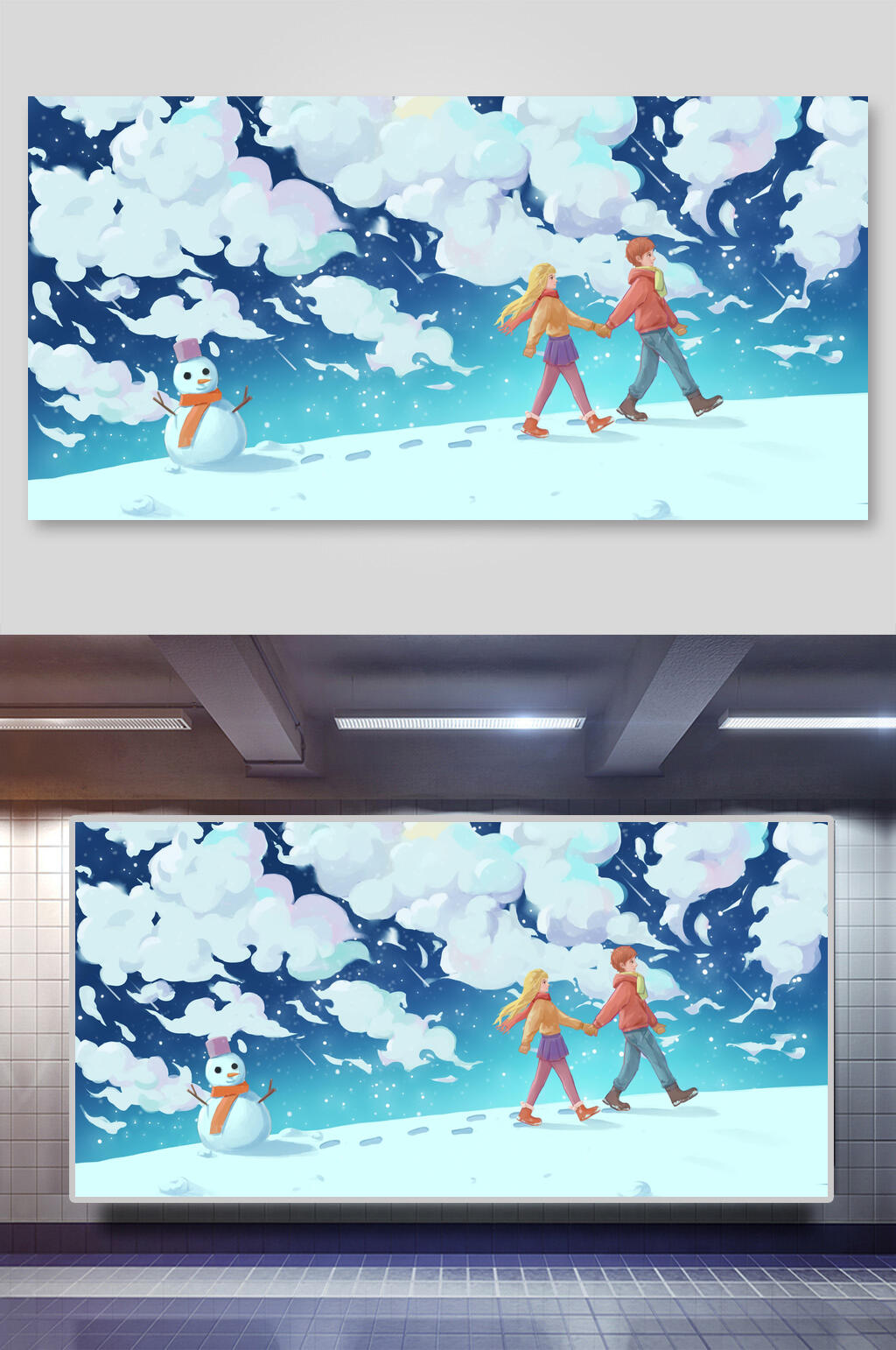 堆雪人情人节情侣插画素材素材