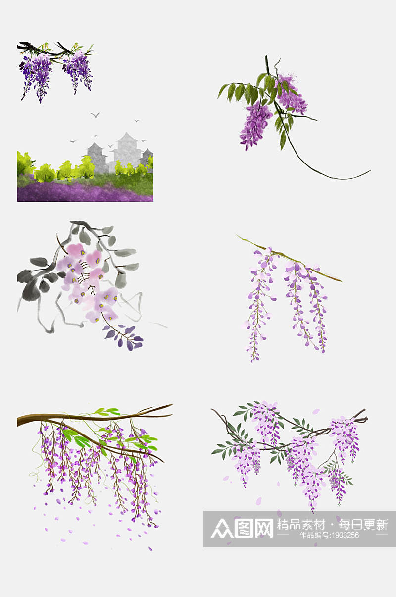 清新唯美水彩渐变紫藤萝花卉设计元素素材