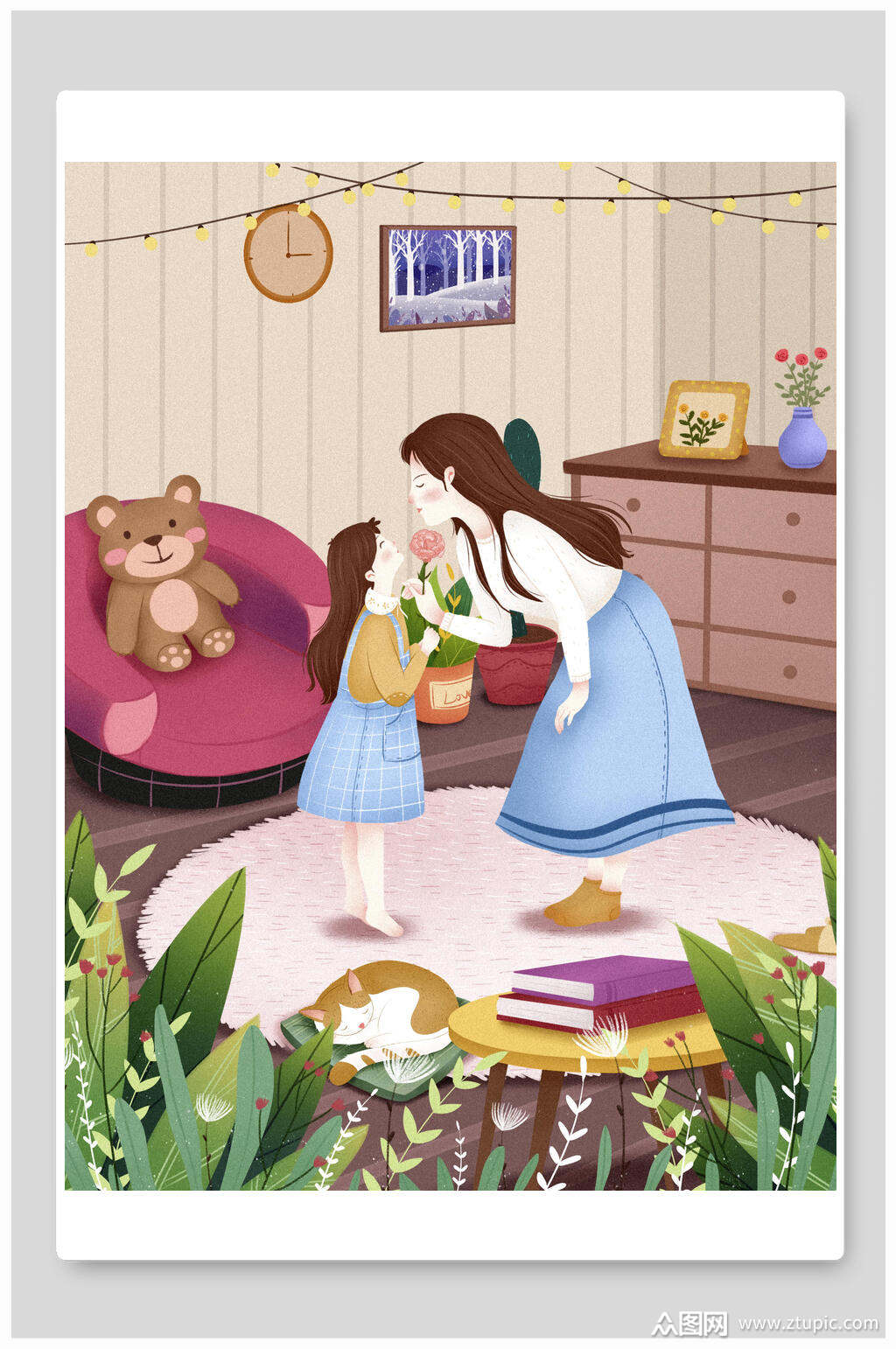 水彩风卡通人物母亲节插画素材
