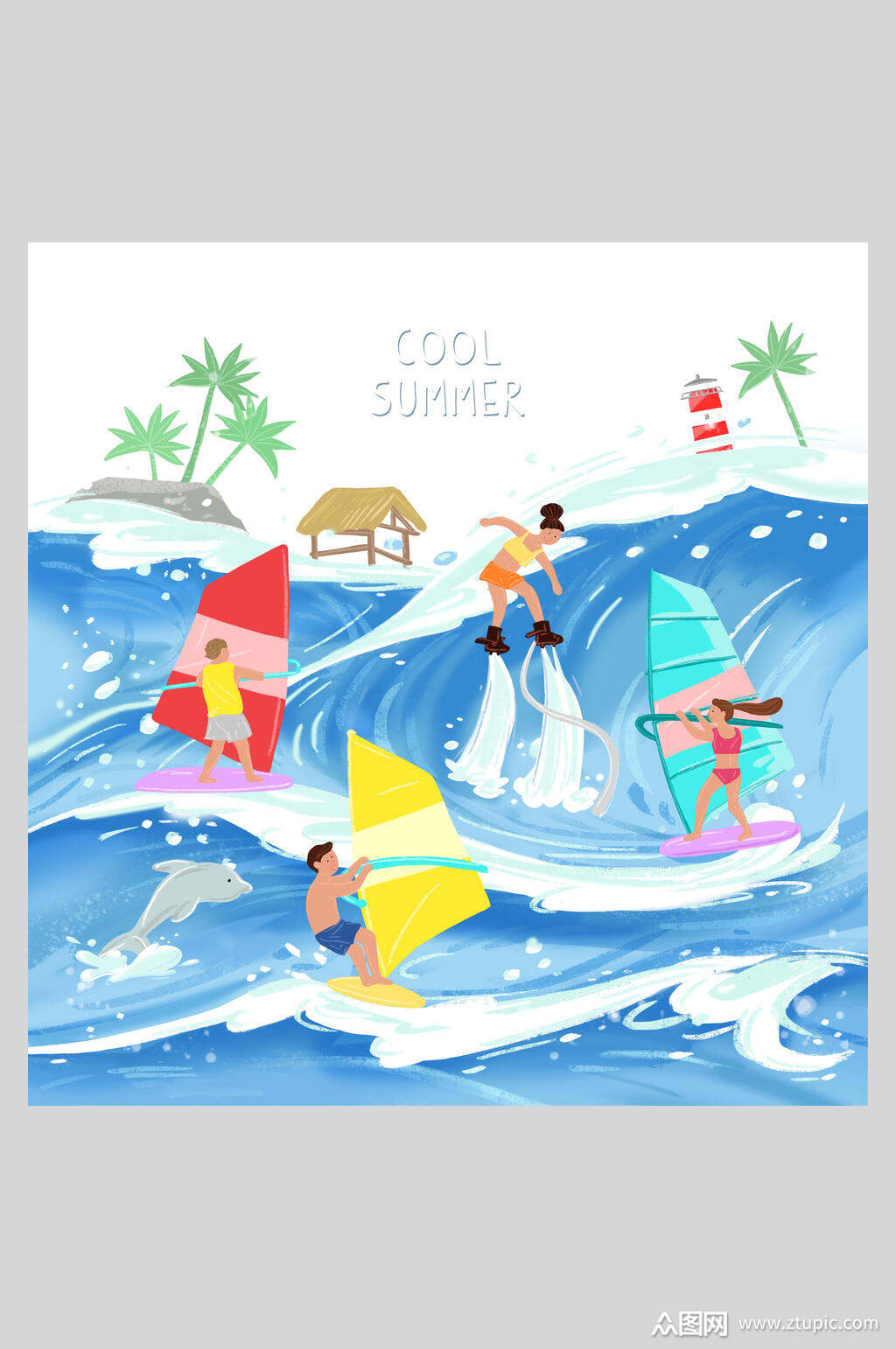 夏季冲浪海滩插画素材
