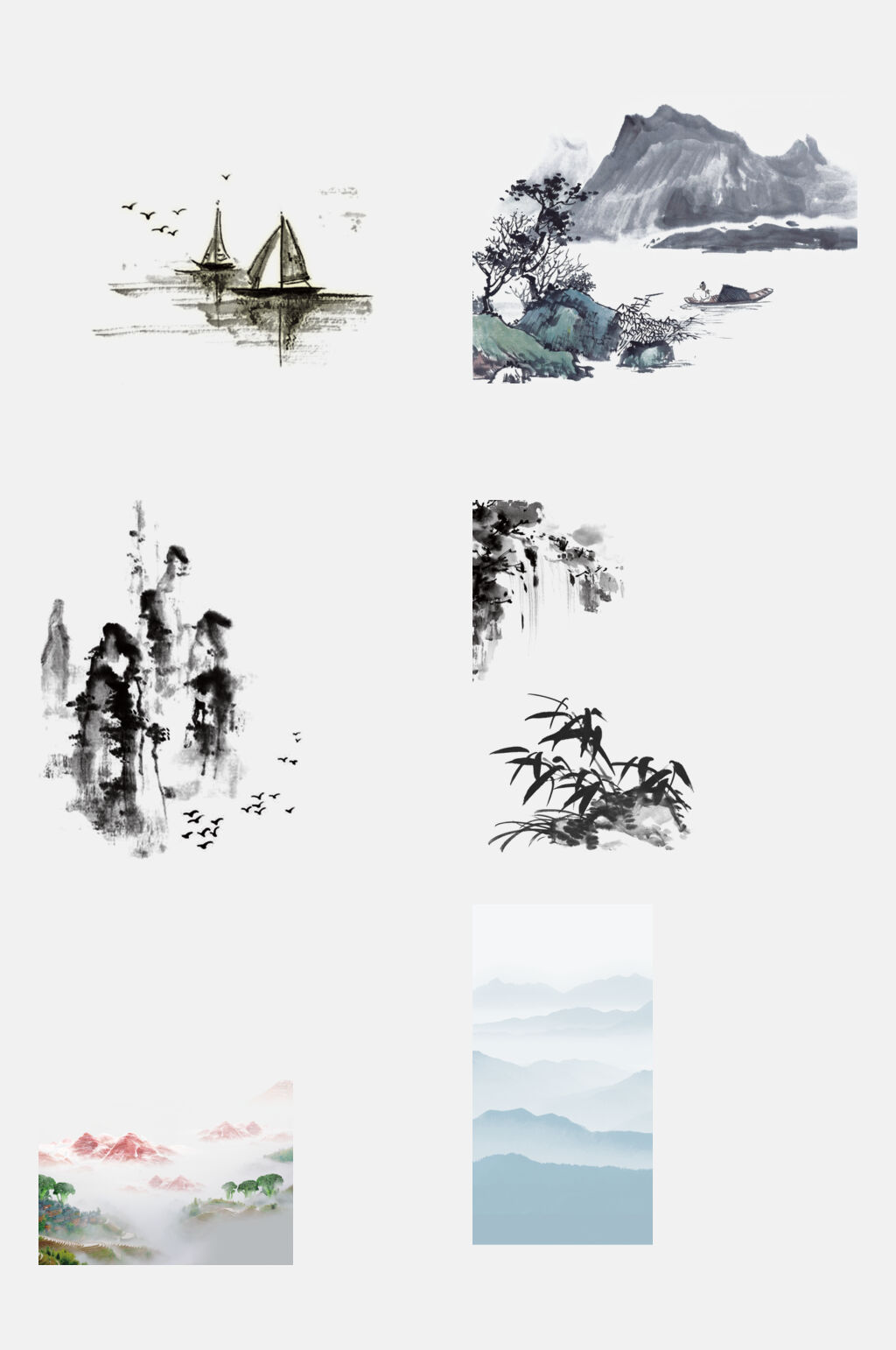 清新中国风水墨山水免抠元素素材