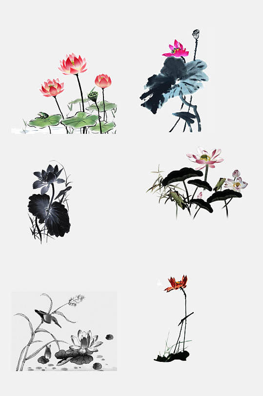中国风水墨荷花免抠设计元素