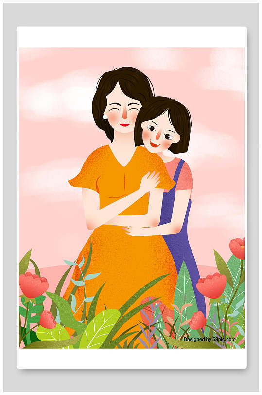 水彩风花卉人物母亲节插画素材