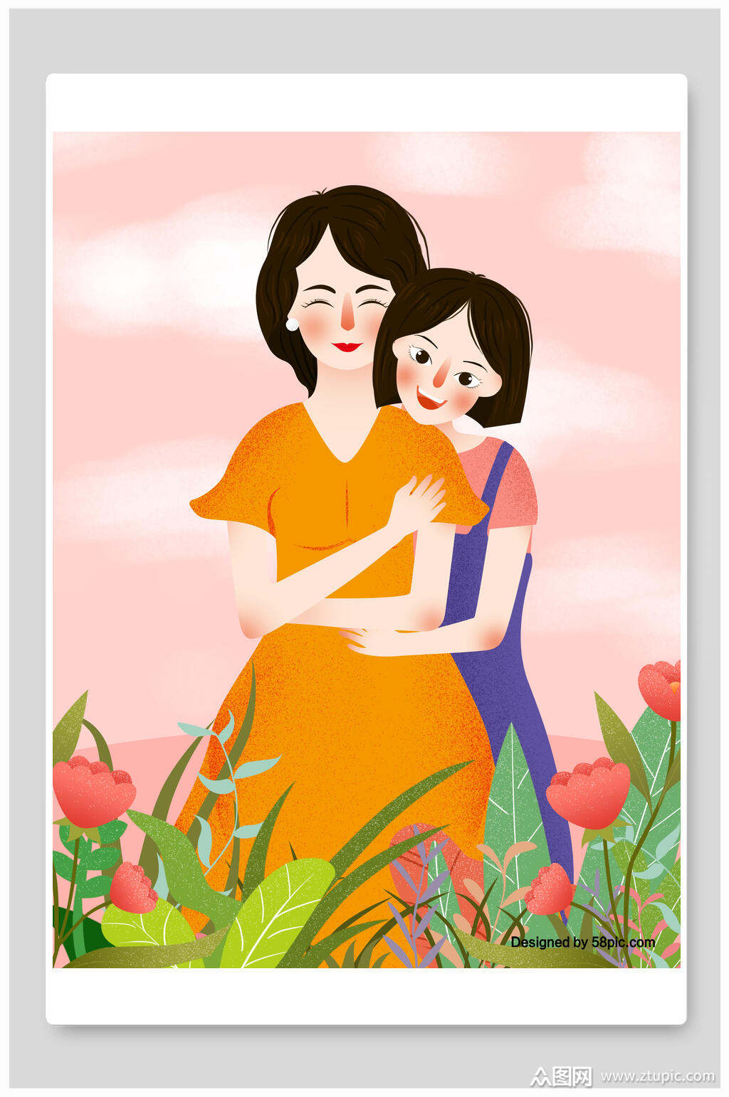水彩风花卉人物母亲节插画素材