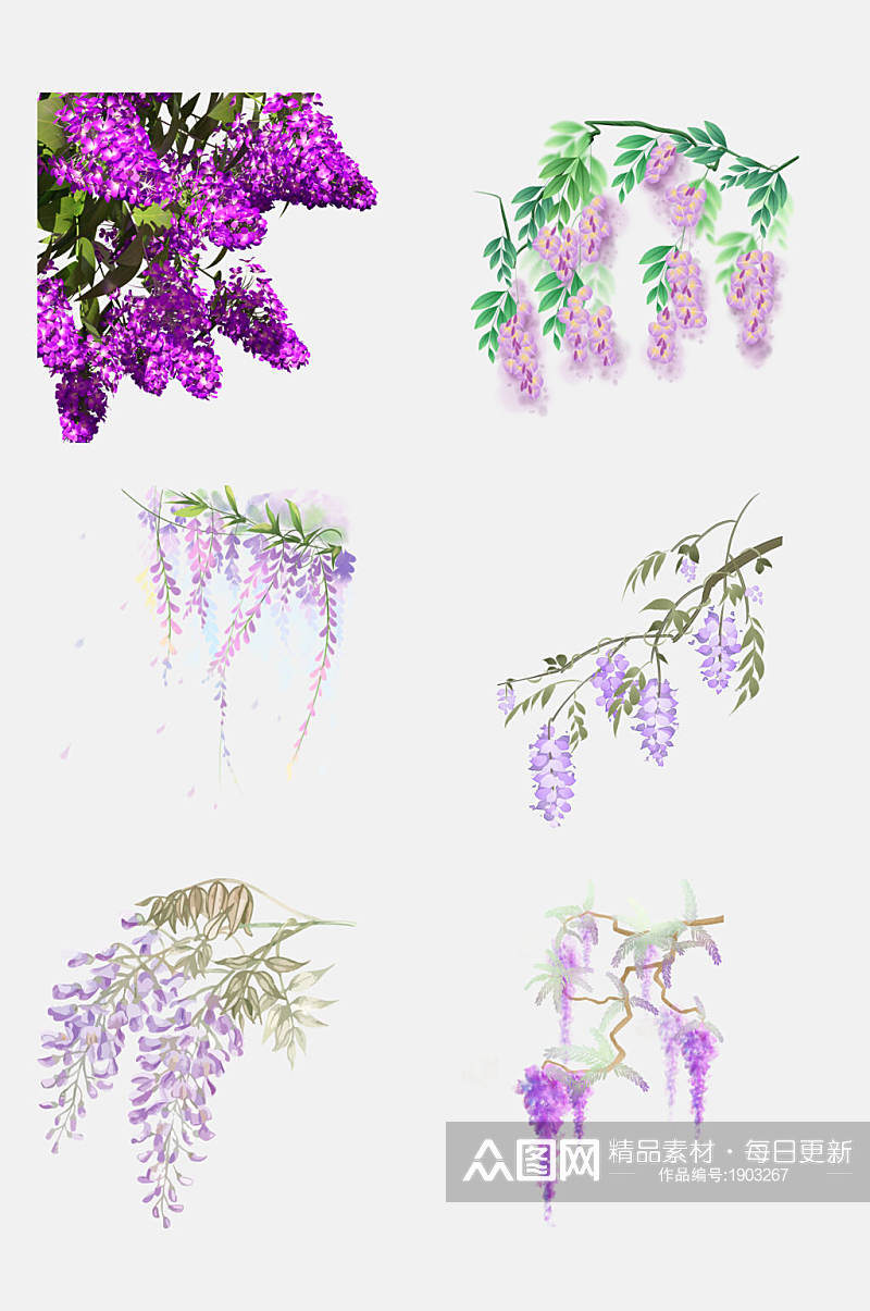 清新淡雅水彩渐变紫藤萝花卉设计元素素材