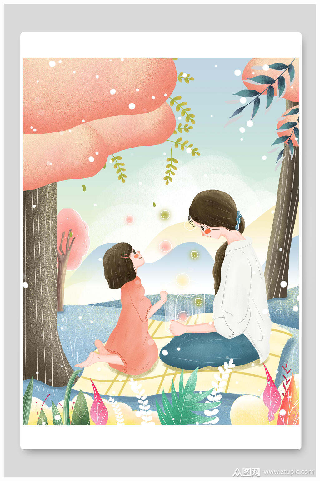浪漫踏青野餐母亲节插画素材