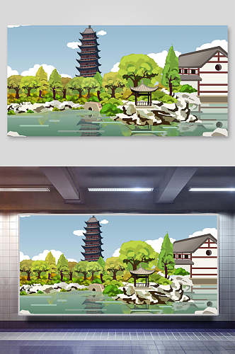 中国风古代建筑城楼城墙公园插画素材