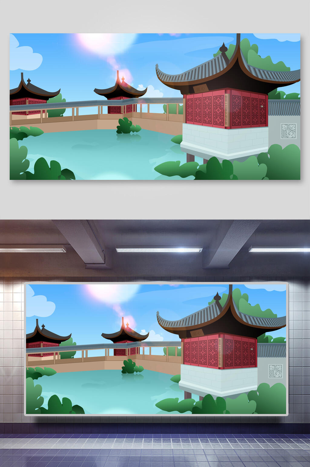 清新中国风古代建筑城楼城墙廊桥插画素材素材