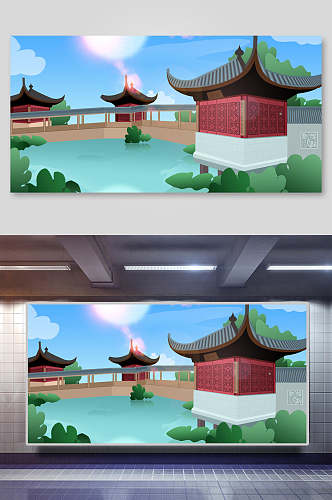 清新中国风古代建筑城楼城墙廊桥插画素材