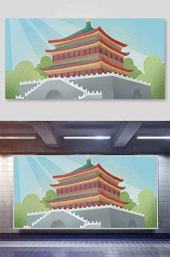 中国风古代建筑城楼城墙古楼插画素材