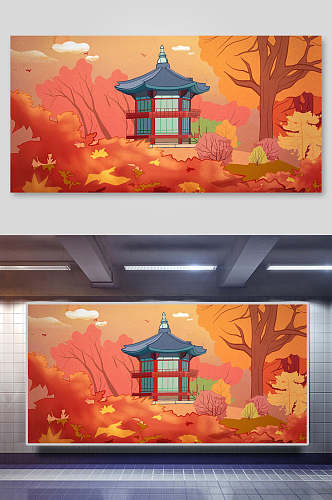 秋季中国风古代建筑城楼城墙插画素材