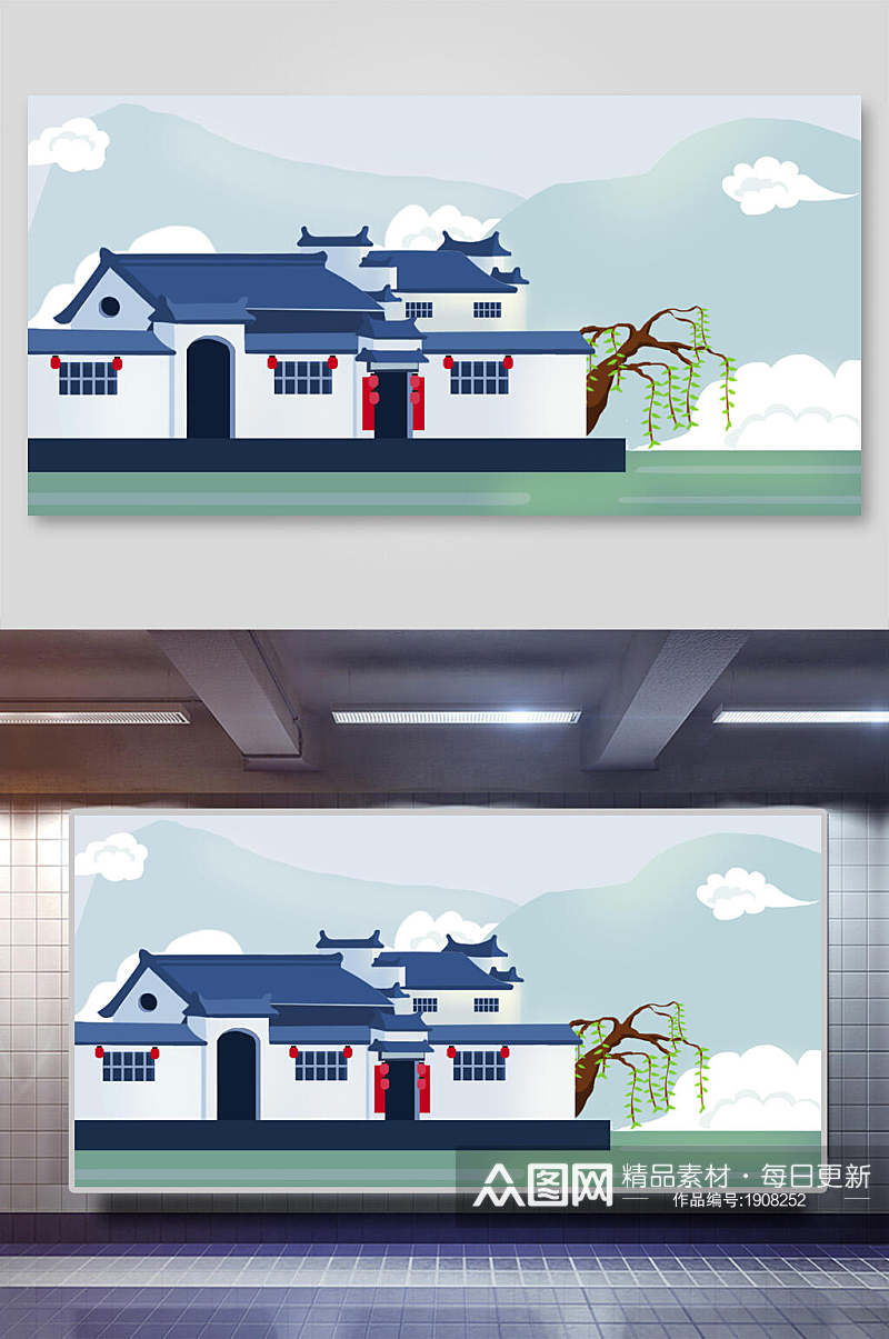 清新简洁中国风古代建筑城楼城墙插画素材素材