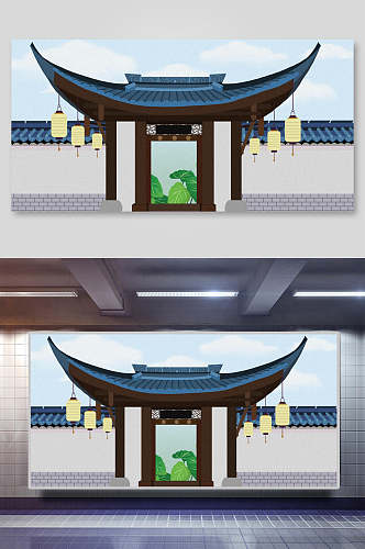 创意中国风古代建筑城楼城墙大门插画素材