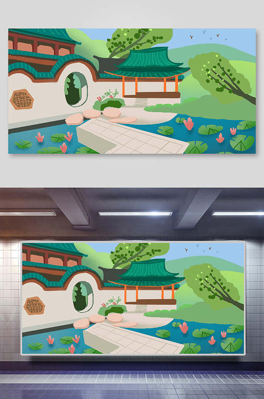 中国风古代建筑城楼城墙荷花池塘插画素材