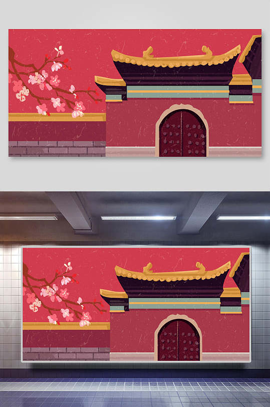 中国风古代建筑城楼城墙古门插画素材