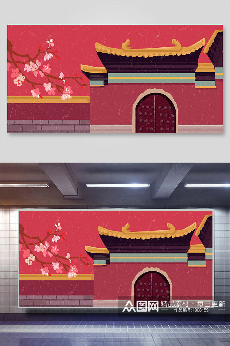 中国风古代建筑城楼城墙古门插画素材素材