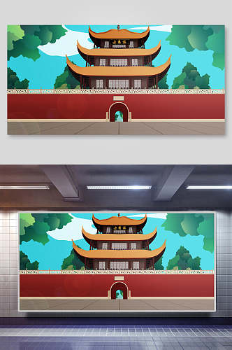 清新中国风古代建筑城楼城墙古楼插画素材
