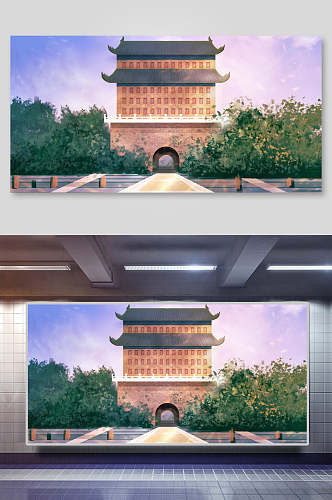 水彩风中国风古代建筑城楼城墙插画素材