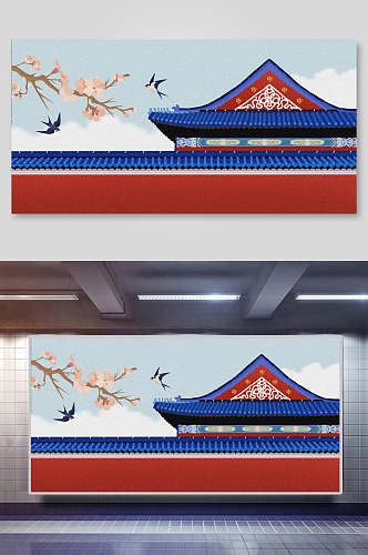 春季中国风古代建筑城楼城墙插画素材