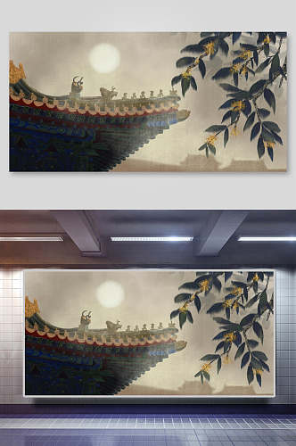 中国风古代建筑城楼城墙屋檐桂花插画素材