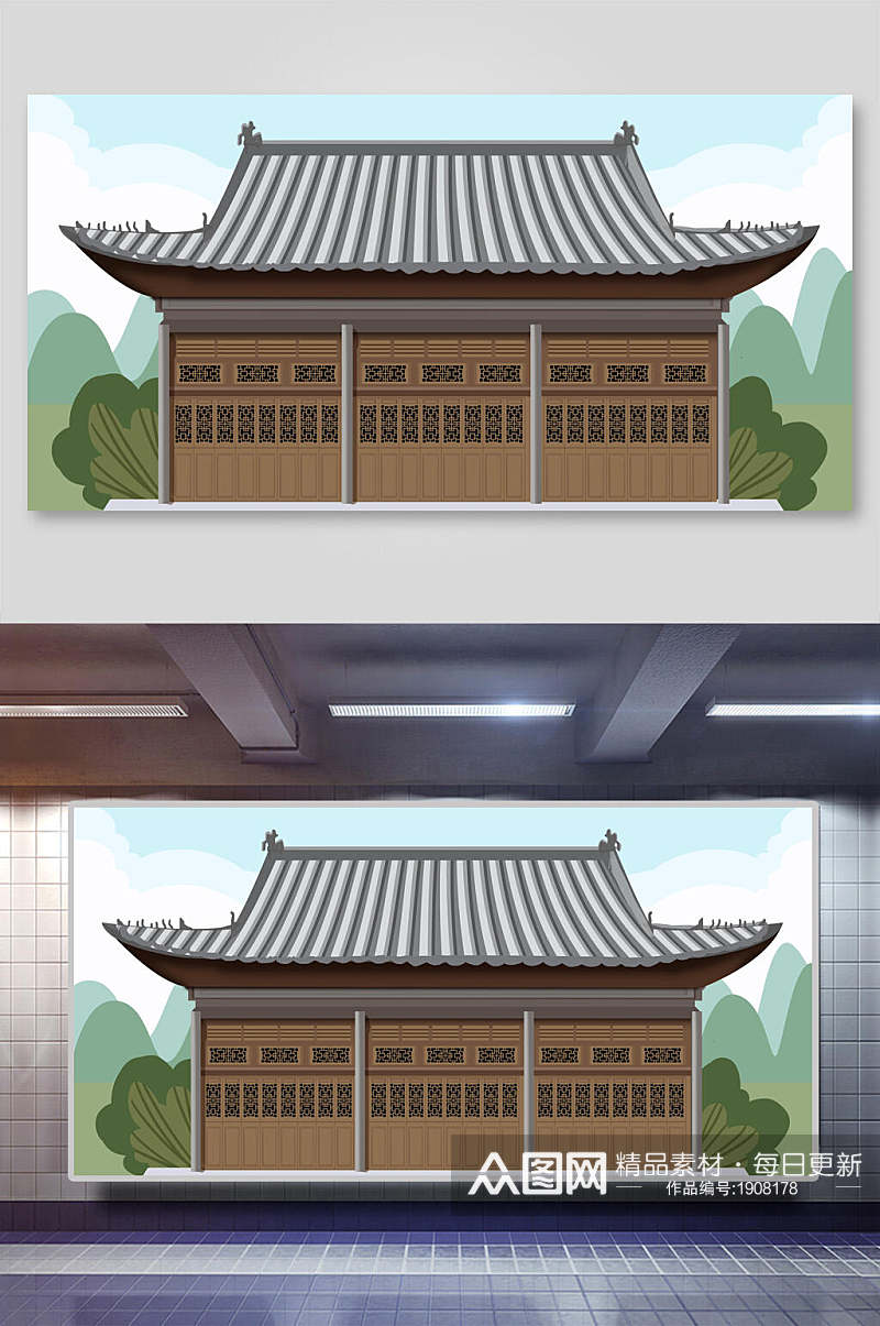 清新简约中国风古代建筑城楼城墙插画素材素材
