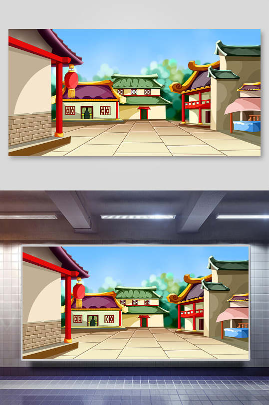 中国风古代建筑城楼城墙街道插画素材