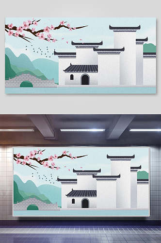 白色中国风古代建筑城楼城墙插画素材