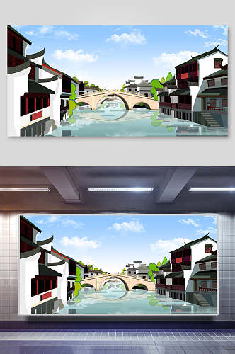 中国风古代建筑城楼城墙古镇流水插画素材