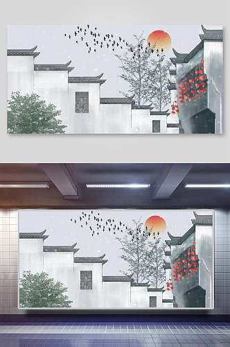 水墨中国风古代建筑城楼城墙古镇插画素材