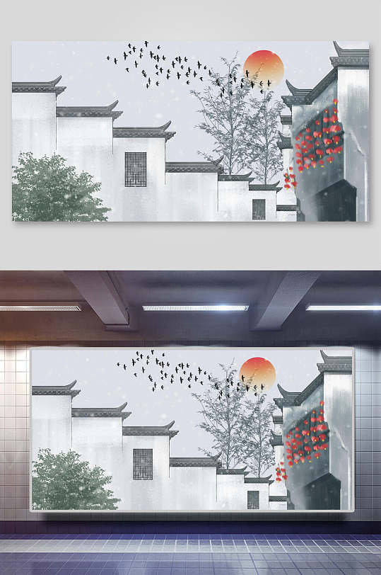 水墨中国风古代建筑城楼城墙古镇插画素材