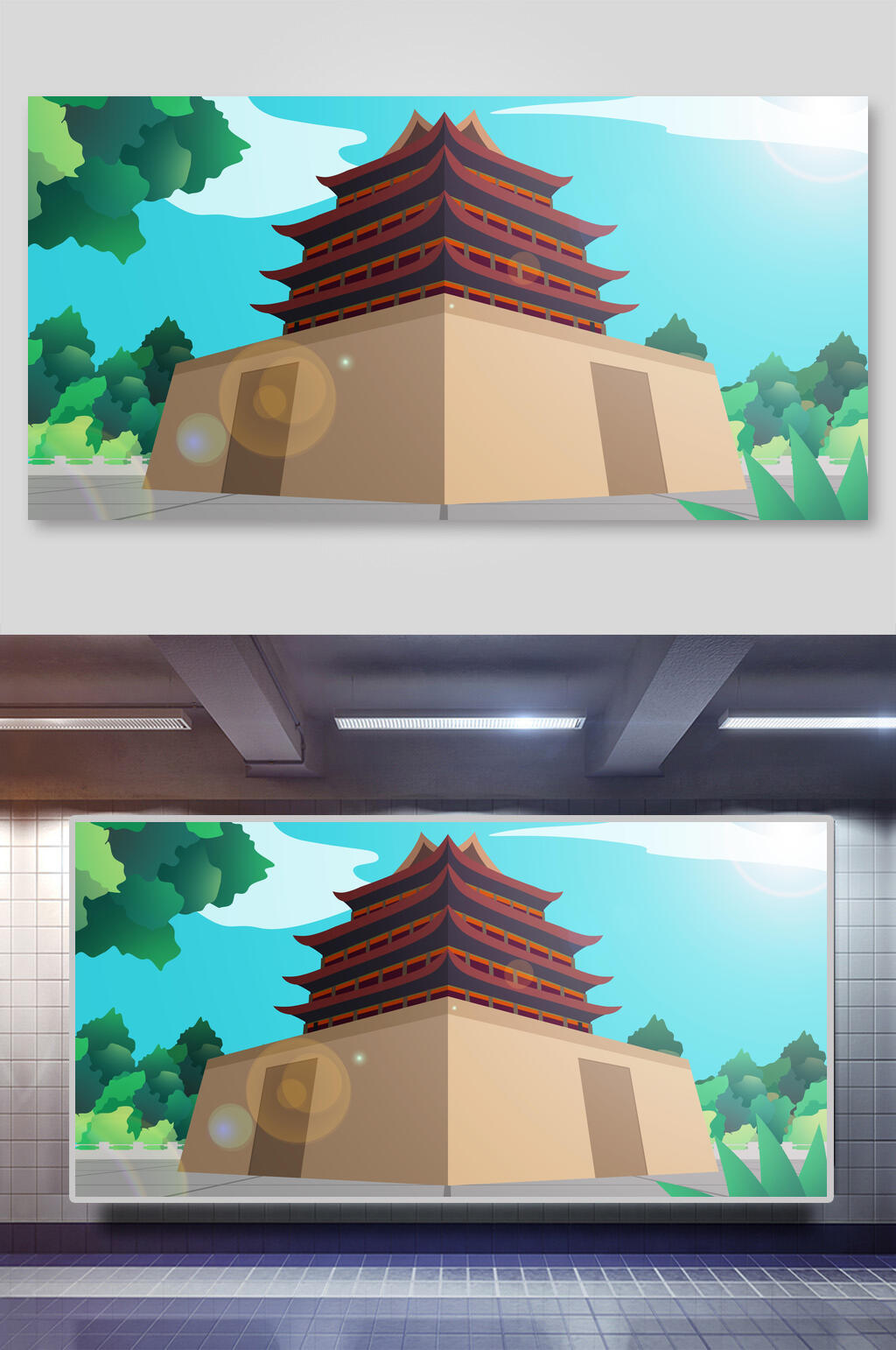清新水彩中国风古代建筑城楼城墙插画素材素材