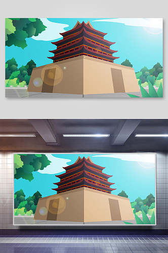 清新水彩中国风古代建筑城楼城墙插画素材