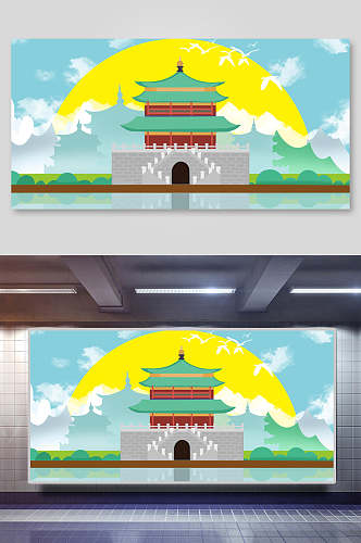 清新水彩风中国风古代建筑城楼城墙插画素材