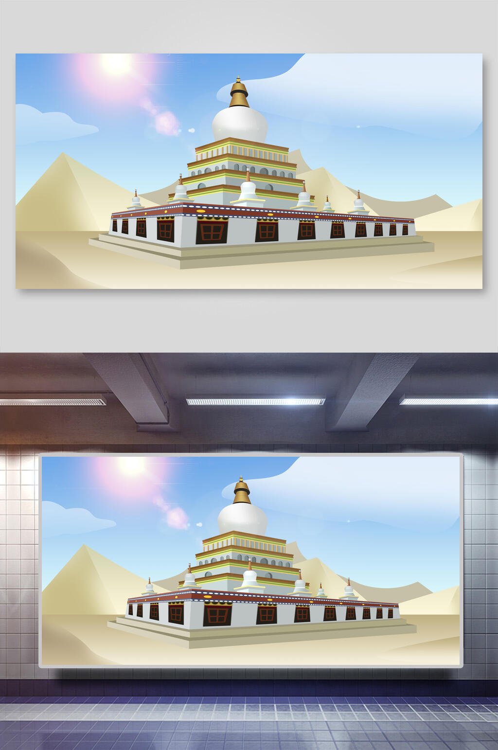 清新中国风埃及古代建筑城楼城墙插画素材素材