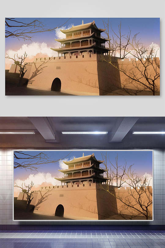 中国风古代建筑城楼城墙沙漠插画素材