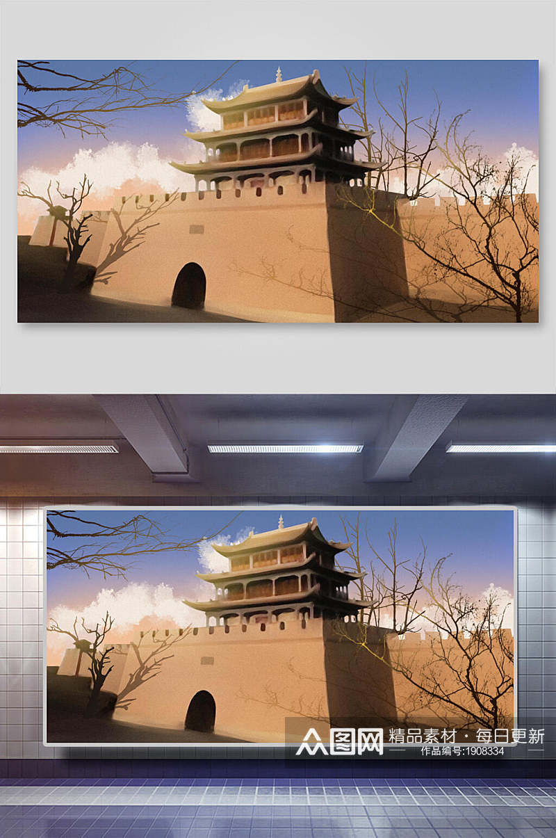 中国风古代建筑城楼城墙沙漠插画素材素材