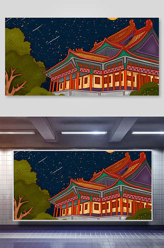 中国风古代建筑城楼城墙插画素材
