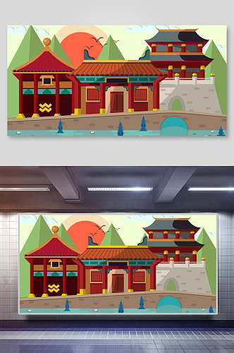 中式中国风古代建筑城楼城墙插画素材