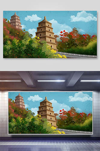 清新中国风古代建筑城楼城墙景区插画素材