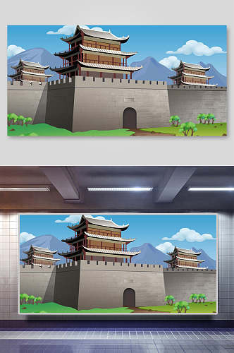 清新中国风古代建筑城楼城墙插画素材