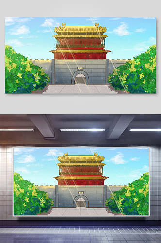 清新中国风古代建筑城楼城墙古楼插画素材