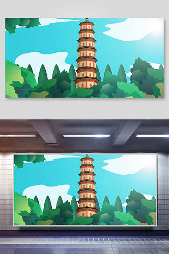 中国风古代建筑城楼城墙塔插画素材